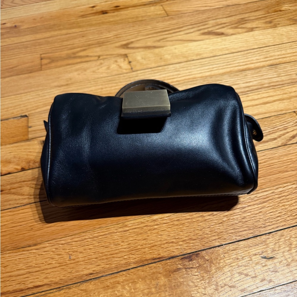 & Other Stories Leather Puffy Clutch Black minimalist gold plaque zip magnet